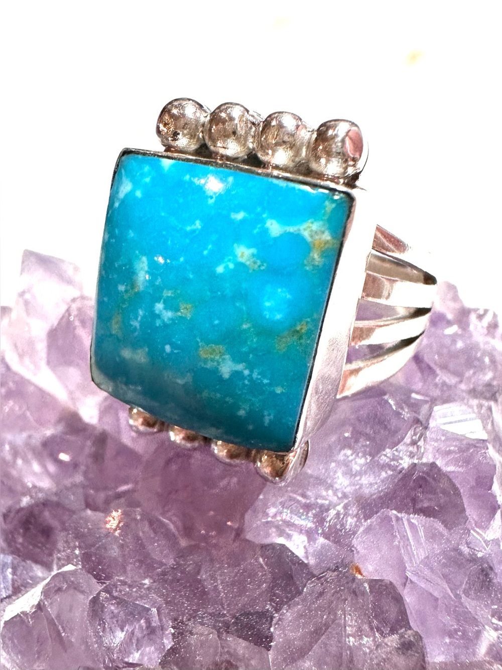 Running Bear Native American Turquoise Cushion Sterling Silver Raindrop Ring